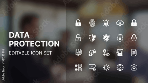 White outline data protection icons are displayed over a blurred background of office activity.