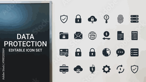 A comprehensive set of dark flat data protection icons is displayed on a bright background.