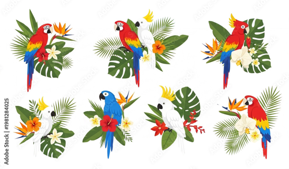 Obraz premium Tropical birds floral vector illustration invitation poster decoration set