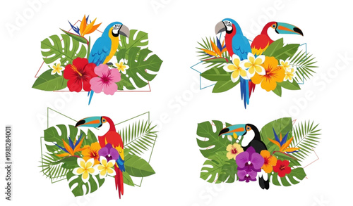Tropical arrangement vector leaves flowers birds invitation poster design