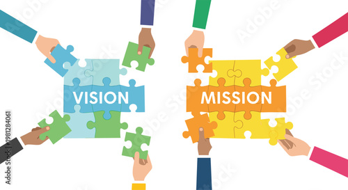 Multiple diverse hands collaborate to assemble colorful jigsaw puzzle pieces forming the words vision and mission against a clean and neutral white backdrop.