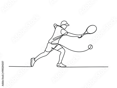 Continuous one line drawing of a professional tennis player in action hitting a forehand shot with a tennis ball in motion