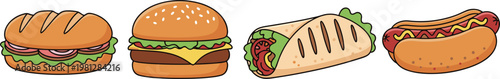 Fast food collection with sandwich burger wrap and hotdog isolated colorful cartoon vector illustration set for menu design