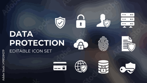 A set of white solid icons clearly represents data protection concepts on a dark, subtly blurred background.