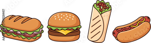 Fast food icon set with sandwich burger wrap and hotdog isolated colorful flat vector illustration collection