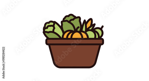 Freshly Harvested Garden Vegetables in a Brown Container, Illustration Style