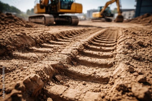 Deep tire tread marks in brown soil at heavy equipment construction site with yellow excavator digger machines working in blurred background