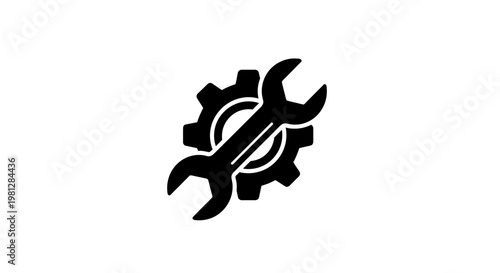 Gear and Wrench Illustration: Black and White Icon Representing Repair and Maintenance