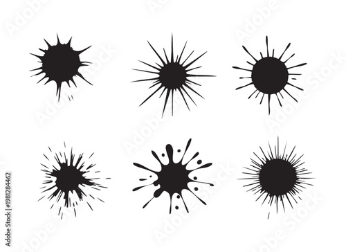 Black ink splatter set with various spray stains paint blobs and liquid drops on white background