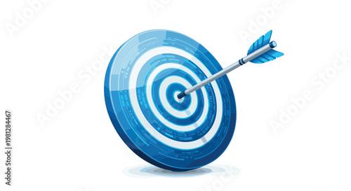A high-tech blue three-dimensional target with glowing digital patterns is perfectly struck in the bullseye by a sharp silver arrow on a white background.