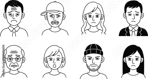 Diverse set of character avatars with negative facial expressions including tired stressed angry and worried emotions in minimalist black and white line art vector.