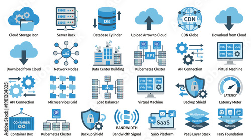 Cloud computing and data service icons with database storage analytics security and software solutions, ideal for technology dashboards, web services, and enterprise systems.