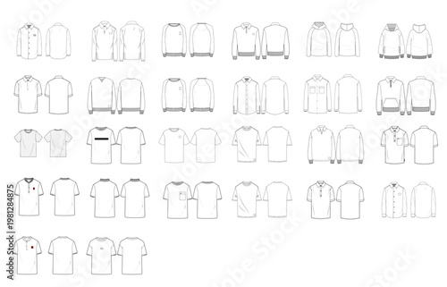 Men’s Apparel Technical Flats Pack – Shirts, Polos, T-Shirts, Hoodie, Outerwear Vector CAD Set for Fashion Design