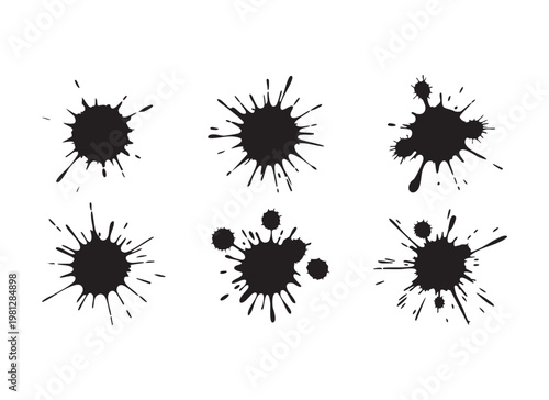 Set of black paint splash silhouettes ink droplets and grunge splatter shapes on white background