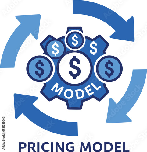 Pricing model gears with dollar coins and circular arrows for revenue cycle and financial strategy.