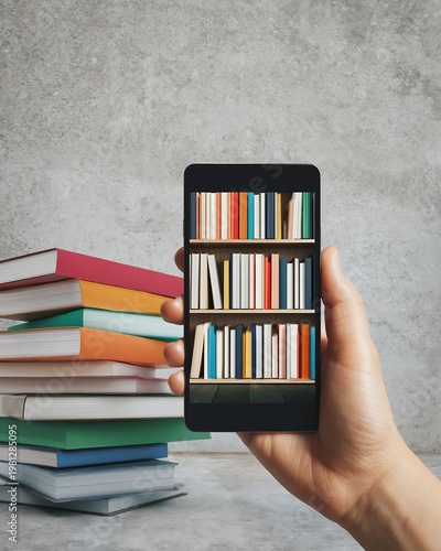 Hand holding smartphone displaying colorful book spines on shelf. Stack of books nearby. Modern digital library concept.