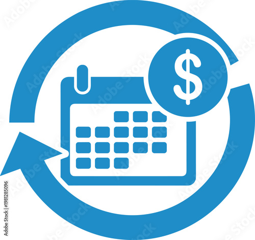 Recurring payment icon with calendar and dollar coin showing subscription renewal cycle on transparent background graphic.