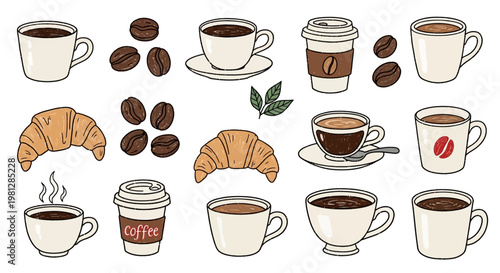 Coffee Cups and Croissants Display.