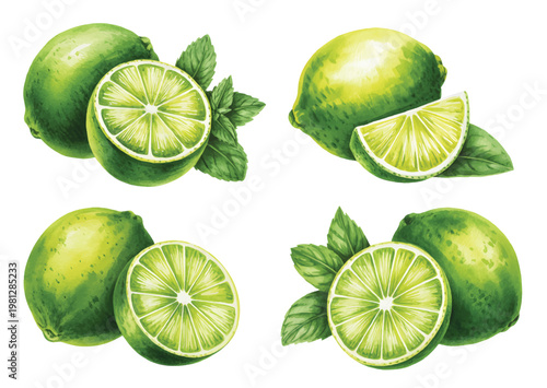Fresh lime fruit set with slices and leaves watercolor illustration isolated on white background.