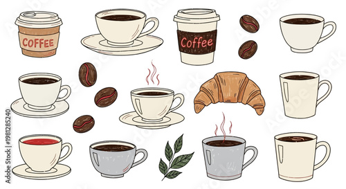 Collection of Coffee Cups and Croissants Hand Drawn Illustration.
