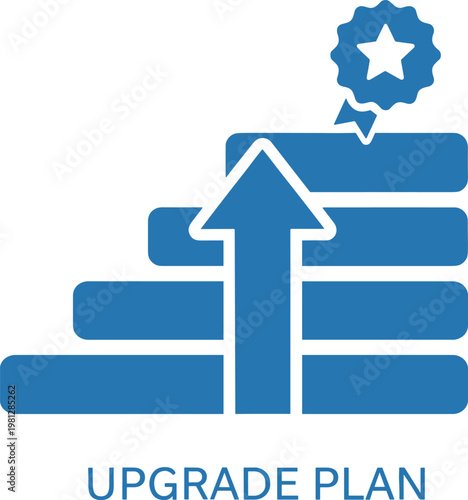 Upgrade plan icon with stairs and rising arrow for business development success level growth strategy vector illustration.