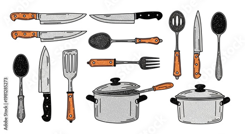 Collection of Kitchen Utensils and Cookware.