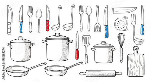 Collection of Hand-Drawn Kitchen Utensils and Cookware.