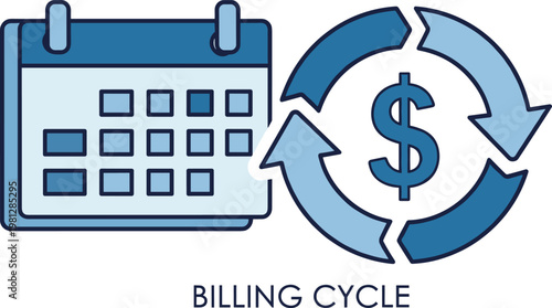 Billing cycle graphic with calendar and currency dollar sign loop arrows for subscription payment schedule vector design.