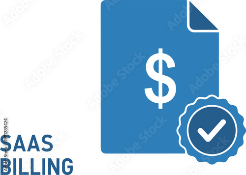 Digital saas billing invoice document icon with dollar sign and verified checkmark seal for subscription payment status.