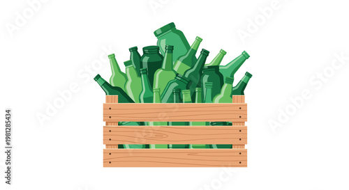A sturdy slatted wooden crate is filled with a variety of whole green glass bottles and jars neatly arranged for transport or glass recycling now.