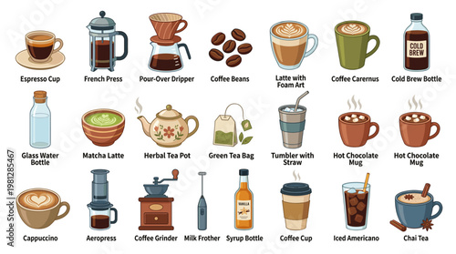 Detailed coffee drink icons with various brewing methods and beverages including espresso latte cappuccino and iced drinks, perfect for cafe menus and branding design.