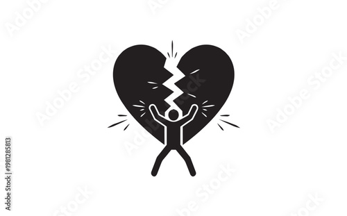 Symbolic vector illustration of a person standing inside a large broken heart, representing heartbreak, loneliness, and emotional pain.