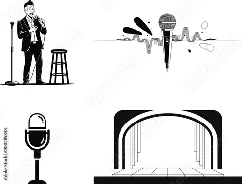 Vintage style illustration of a singer with a microphone on a stage accompanied by additional microphone icons and stage elements