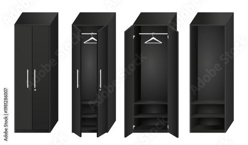 Black wardrobe set with multiple views isolated