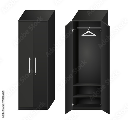 Black wardrobe open and closed comparison set