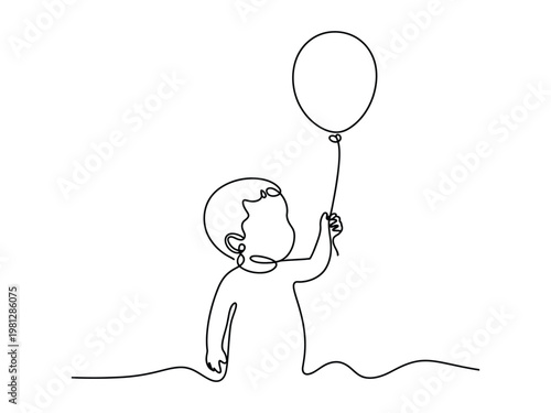 Minimalist continuous line art drawing of a happy child holding a balloon isolated on transparent background symbolizing joy and childhood innocence