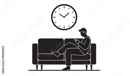 Silhouette illustration of a man relaxing on a sofa while using a smartphone with a wall clock in the background.