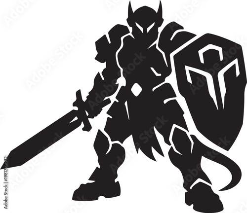 Armored knight warrior silhouette holding sword and large shield.
