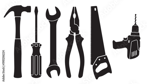 A collection of six essential black hand tools silhouettes on a clean white background: hammer, screwdriver, wrench, pliers, saw, drill.