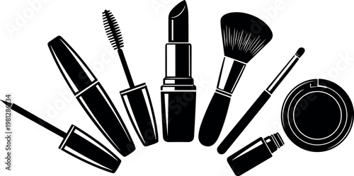 Cosmetic and Beauty Tools Icon Set Featuring Lipstick, Mascara, Brush, and Powder for Fashion and Beauty Illustrations