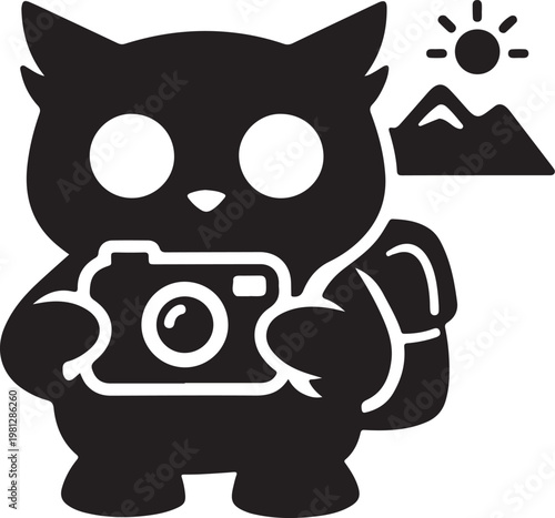 Cute owl photographer character holding camera with mountain landscape.