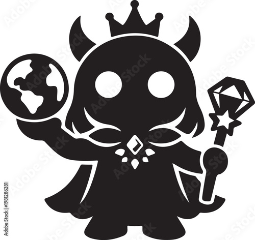 Evil queen character silhouette holding globe and magic scepter.