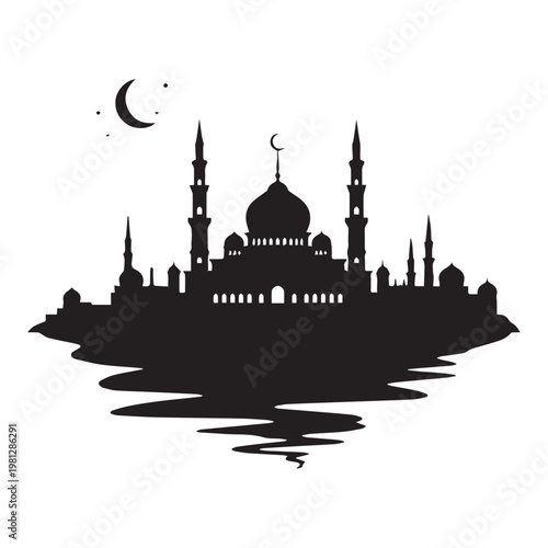 Serene night view of an iconic mosque skyline with crescent moon and stars