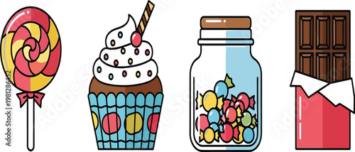 Colorful assortment of delightful treats and candies in a whimsical illustration Vector