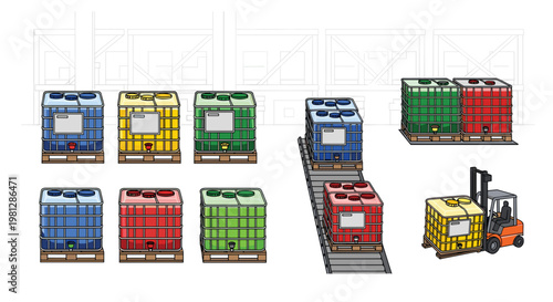 A vibrant industrial warehouse scene features multiple colorful intermediate bulk containers on wooden pallets with an orange forklift and a moving conveyor belt system.