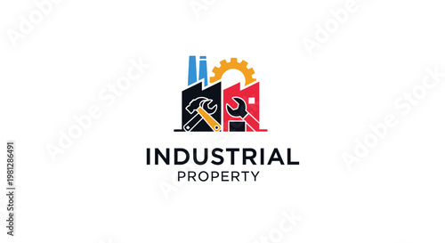Industrial property logo, factory, tools, gear, real estate, emblem, icon, repair