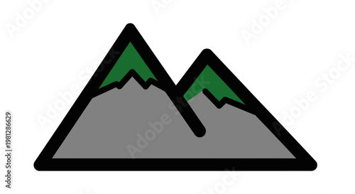 Minimalist Mountain Icon Depicting a Peaks with Black Outline and Green Vegetation