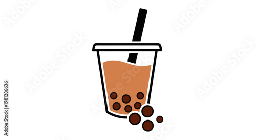 Minimalist Illustration of Boba Tea with Straw and Scattered Tapioca Pearls on White Background