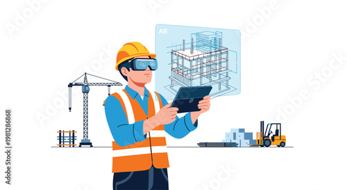 A professional construction worker wearing a bright yellow hard hat and safety vest utilizes advanced augmented reality glasses to examine detailed building digital schematics.