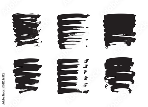 Set of six unique black ink brush strokes, thick and varied textures for artistic designs
